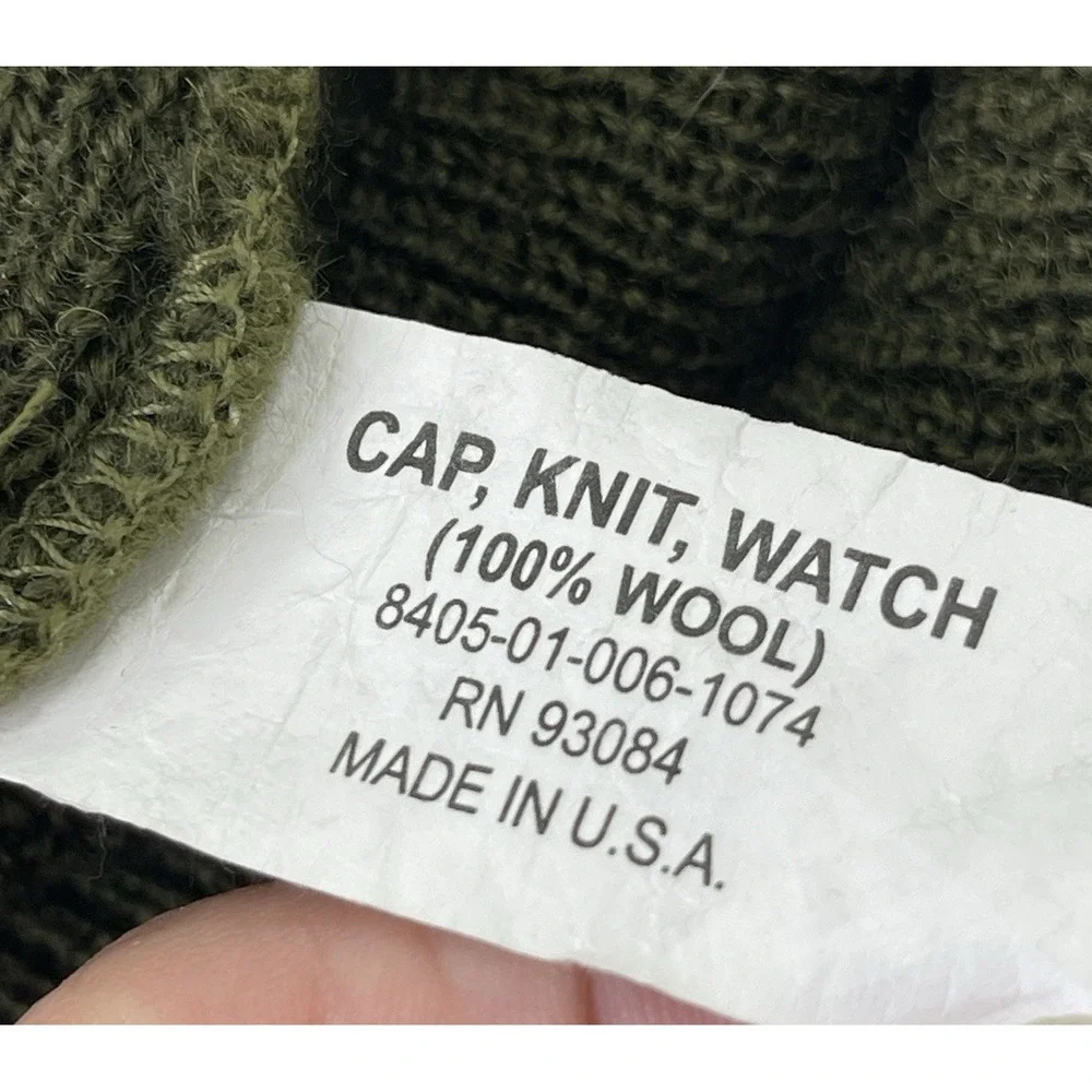 US Army Wool Watch Cap Green‎ Knit Visor Hat Beanie Vintage 80s Made in USA